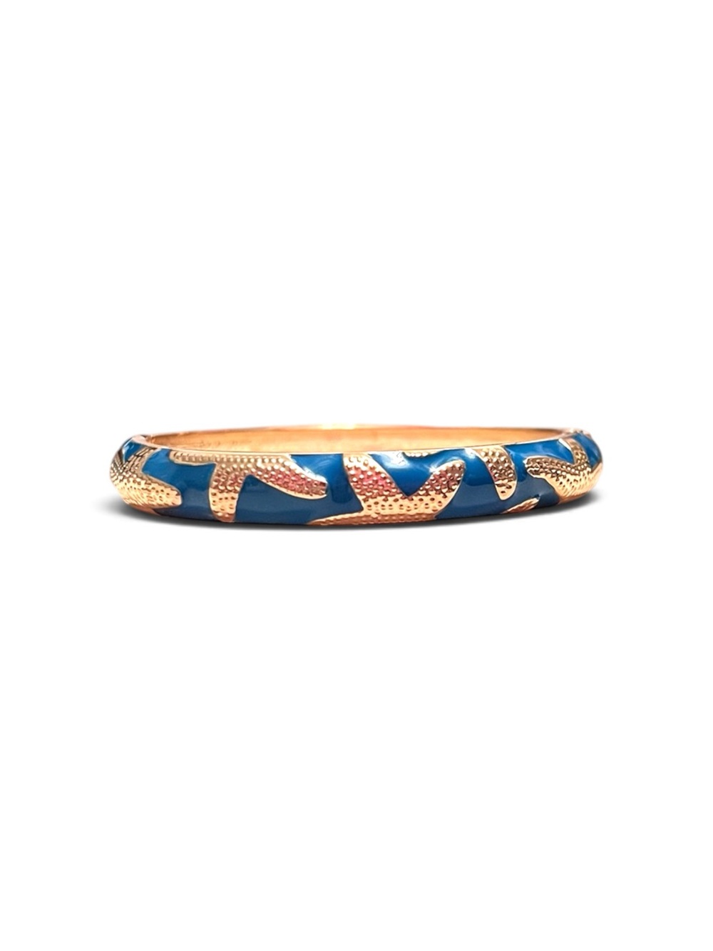 Blue Enamel Gold Textured Starfish Hinged Bangle Bracelet